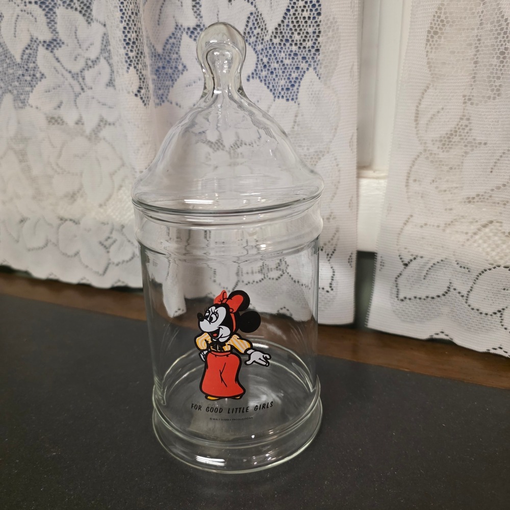 Disney Minnie Mouse Apothecary Candy Jar 9" Clear Glass "For Good Little Girls"